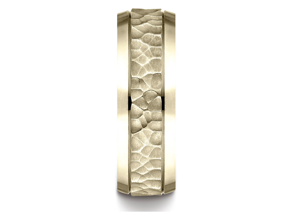 Benchmark 14k Gold 7.5mm Comfort Fit Hammered Finish Beveled Edge Design Wedding Band Ring