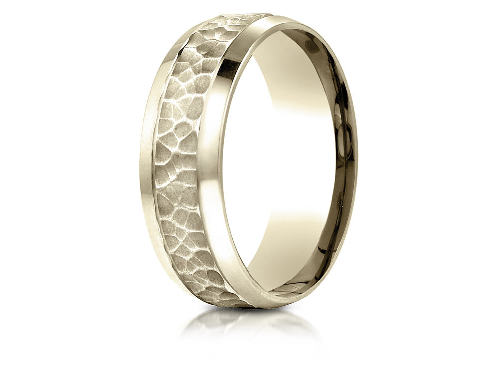 Benchmark 14k Gold 7.5mm Comfort Fit Hammered Finish Beveled Edge Design Wedding Band Ring