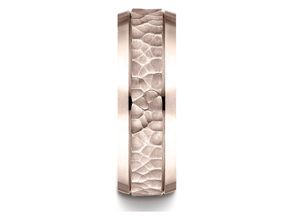 Benchmark 14k Rose Gold 7.5mm Comfort Fit Hammered Finish Beveled Edge Design Wedding Band Ring
