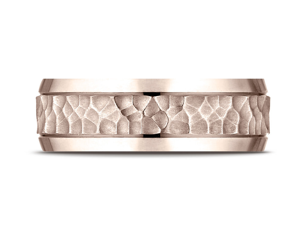 Benchmark 14k Rose Gold 7.5mm Comfort Fit Hammered Finish Beveled Edge Design Wedding Band Ring