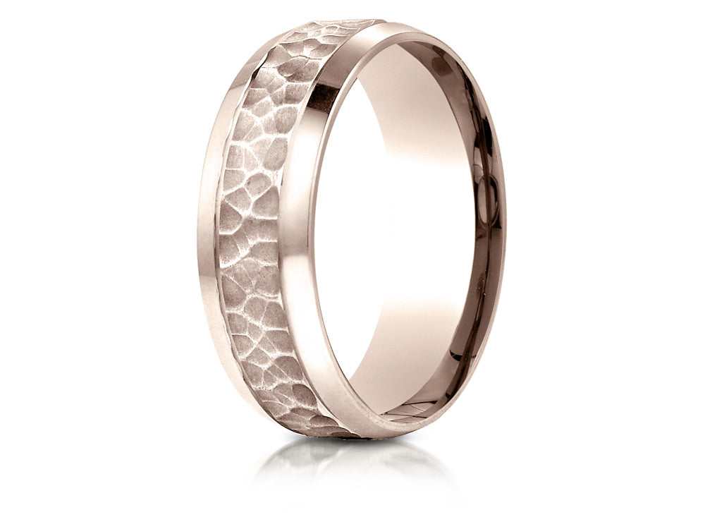 Benchmark 14k Rose Gold 7.5mm Comfort Fit Hammered Finish Beveled Edge Design Wedding Band Ring