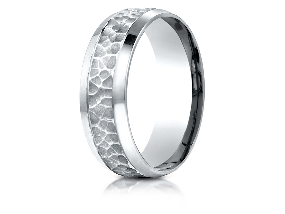 Benchmark 14k Gold 7.5mm Comfort Fit Hammered Finish Beveled Edge Design Wedding Band Ring