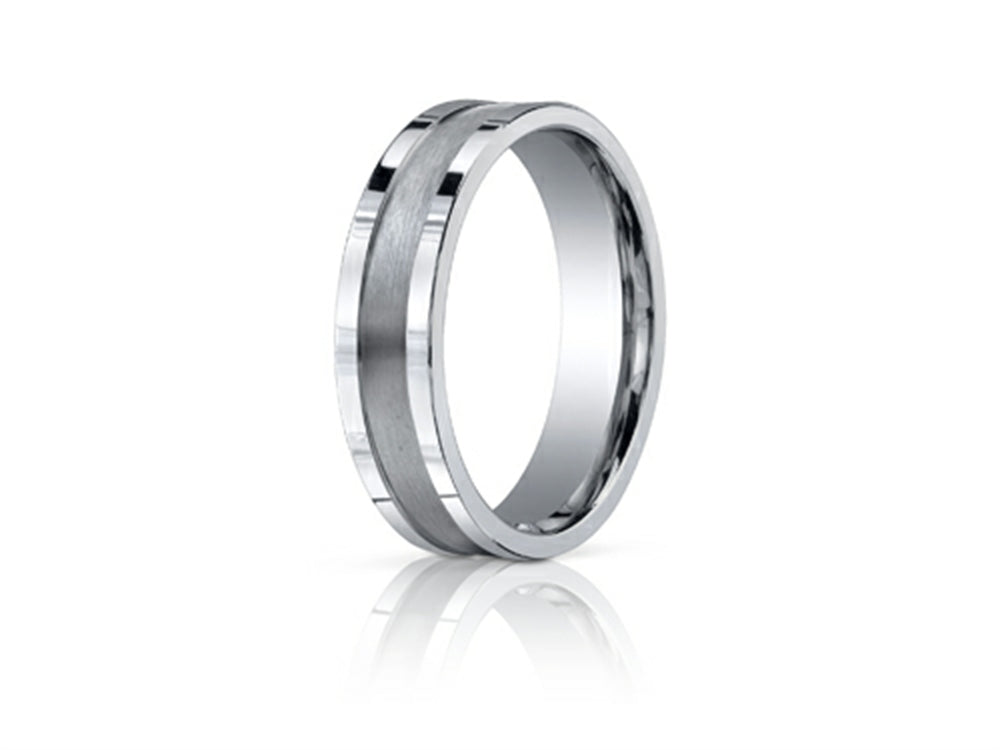 Benchmark 6mm Comfort-fit Satin-finished Center Squared Edge Carved Design Wedding Band Ring