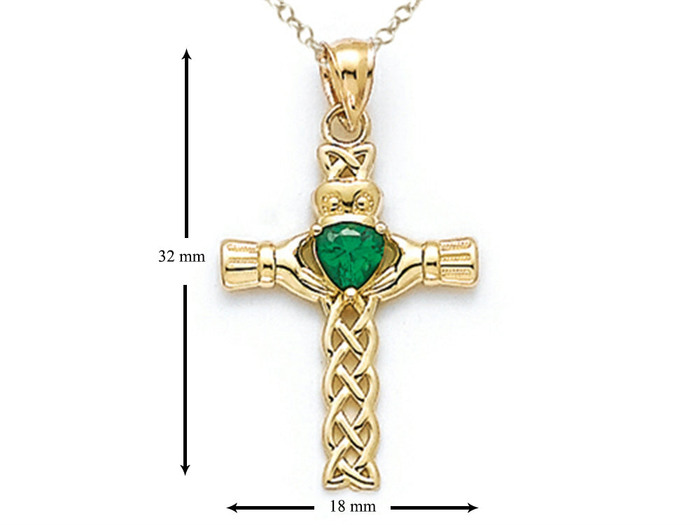 Finejewelers 14k Yellow Gold Claddagh Cross Pendant Necklace with Simulated Emerald Heart - Chain Included