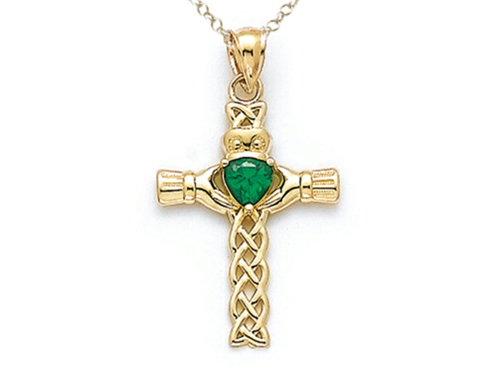 Finejewelers 14k Yellow Gold Claddagh Cross Pendant Necklace with Simulated Emerald Heart - Chain Included