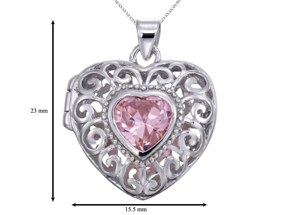 Sterling Silver Rhodium Heart Locket Pendant Necklace With Pink Heart Shape CZ Chain Included