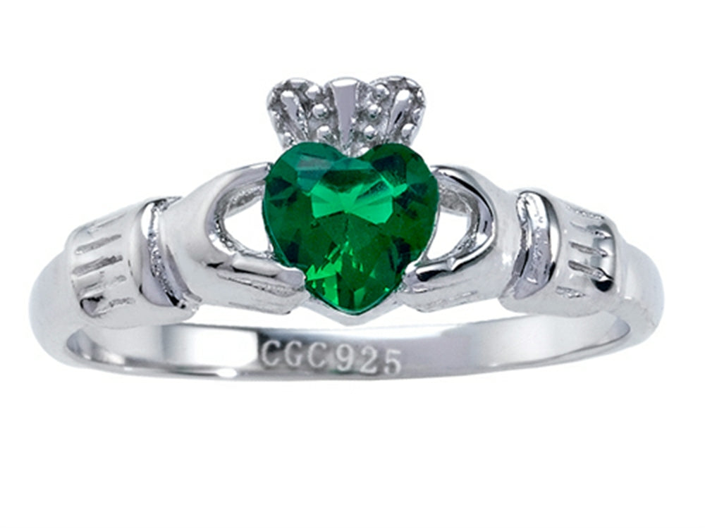 Finejewelers 925 Sterling Silver Claddagh Ring with Simulated Heart Shape Emerald