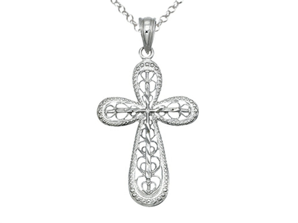 Finejewelers 925 Sterling Silver Rhodium Medium Bright Cut Cross Pendant Necklace Chain Included
