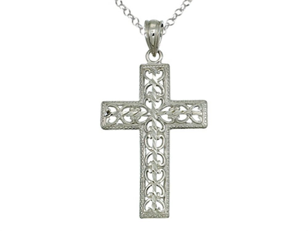 Finejewelers 925 Sterling Silver Rhodium Medium Bright Cut Cross Pendant Necklace Chain Included