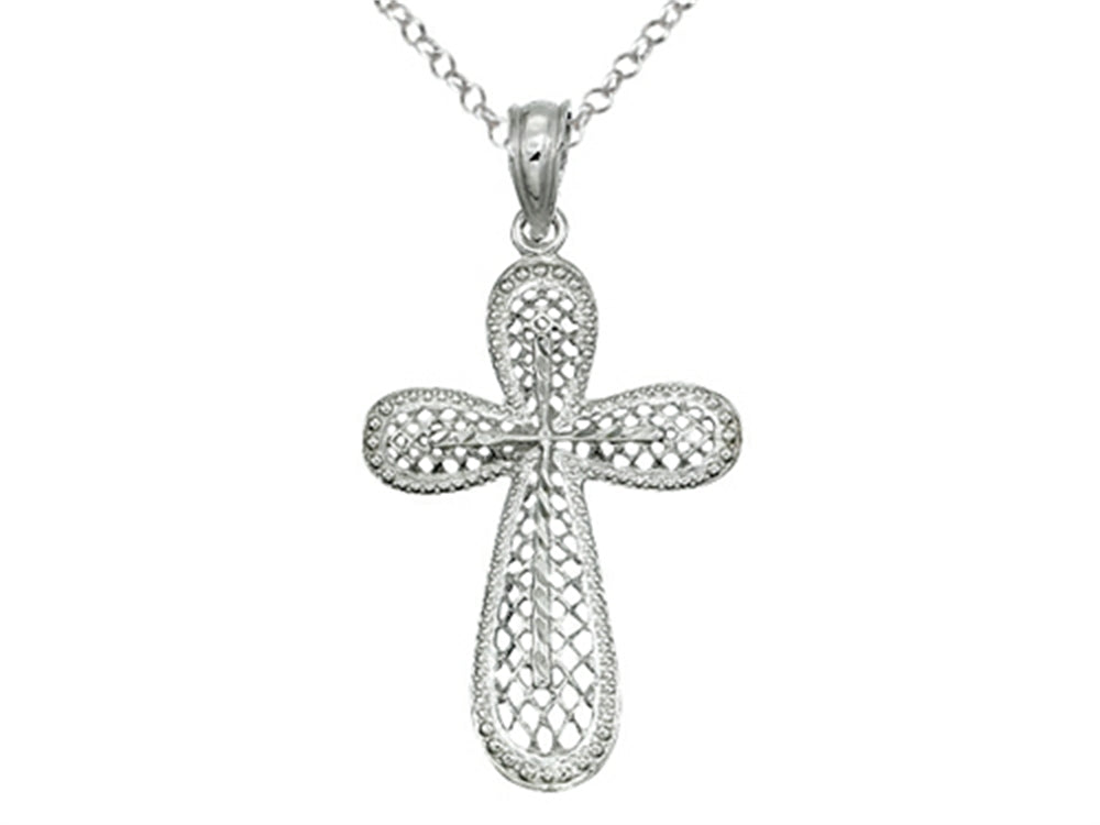 Finejewelers 925 Sterling Silver Rhodium Medium Bright Cut Cross Pendant Necklace Chain Included