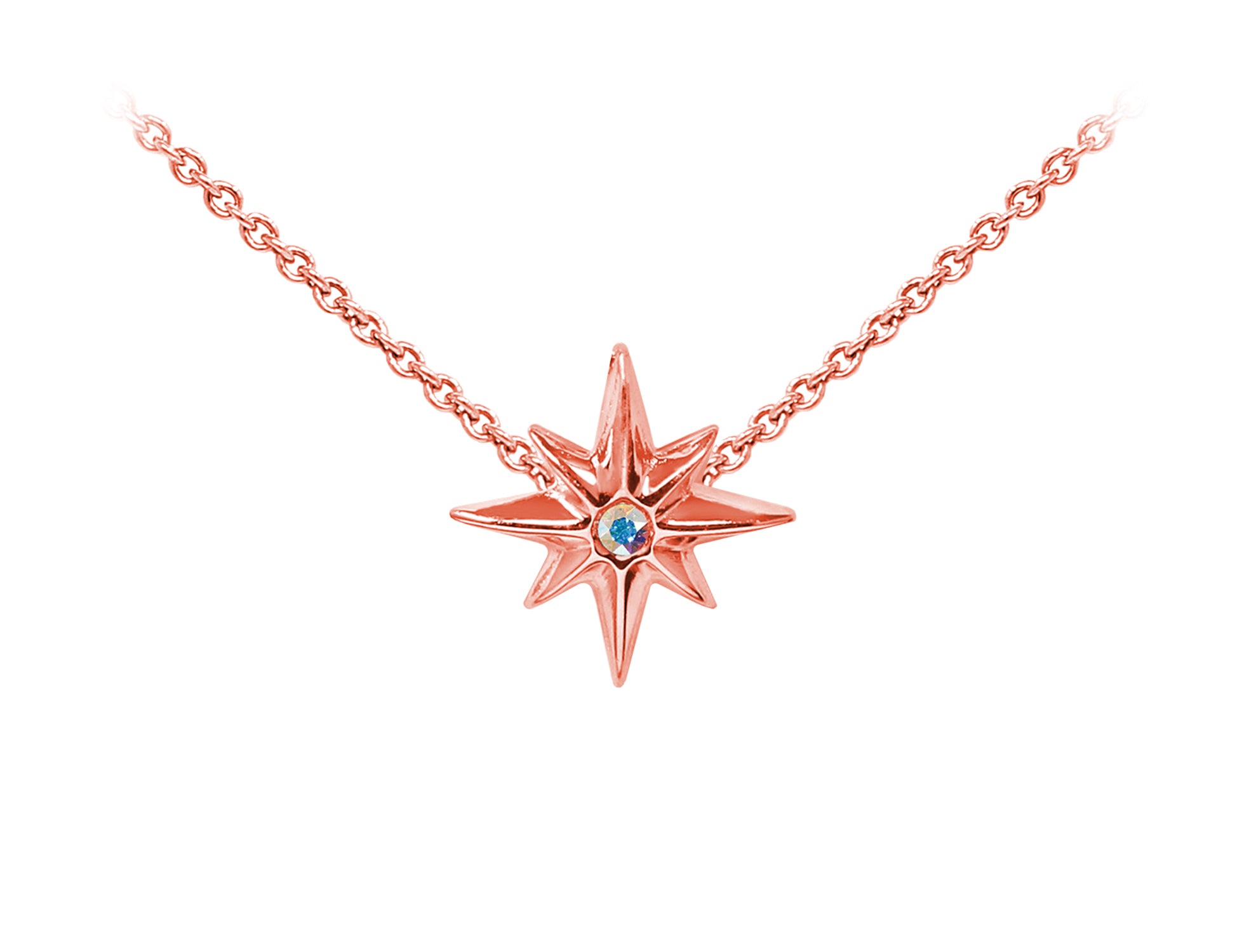 Wind And Fire Rose Tone North Star with Crystal Dainty Pendant Necklace With 18 Inch Adjustable Chain