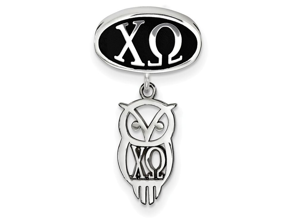 LogoArt Sterling Silver Chi Omega Oval Bead Charm With Owl Dangle Bead Charm