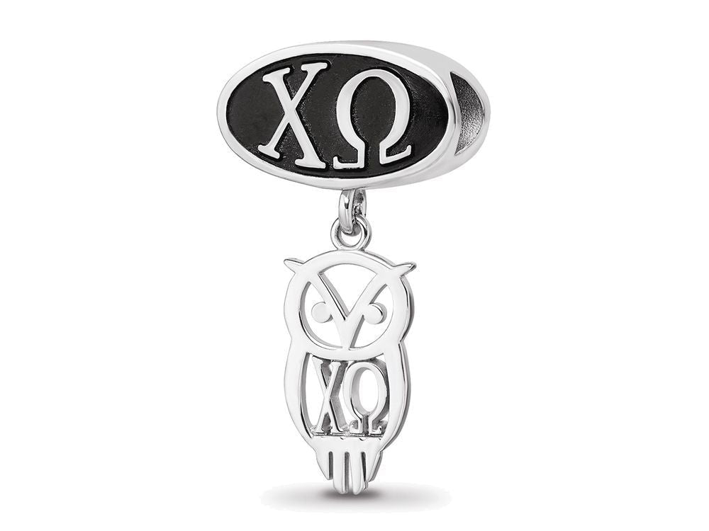 LogoArt Sterling Silver Chi Omega Oval Bead Charm With Owl Dangle Bead Charm