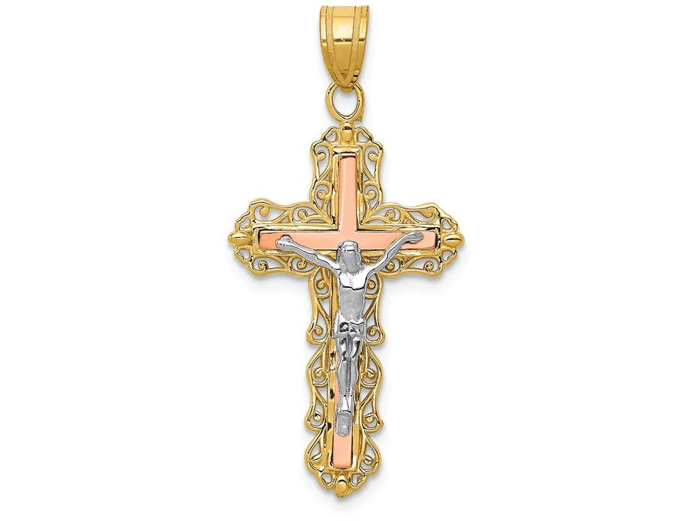 FJC Finejewelers 14 Kt Tri Color Gold Bright Cut Crucifix Charm