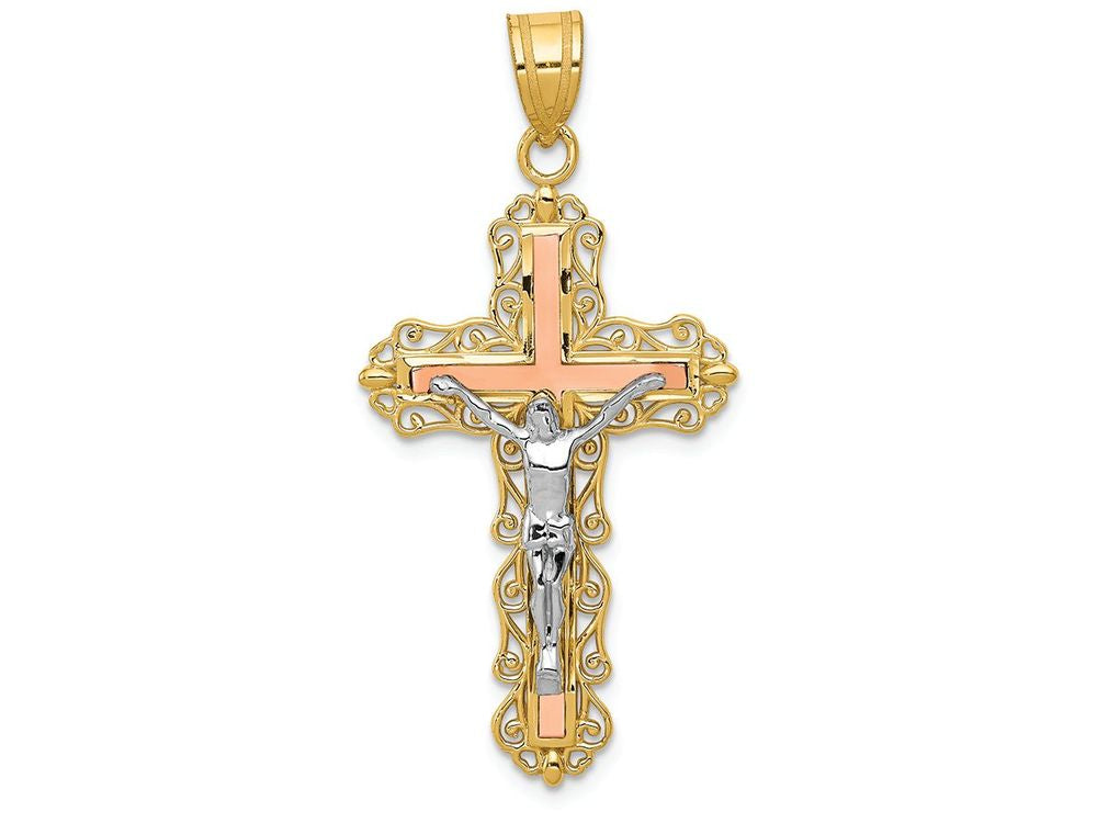 FJC Finejewelers 14 Kt Tri Color Gold Bright Cut Crucifix Charm