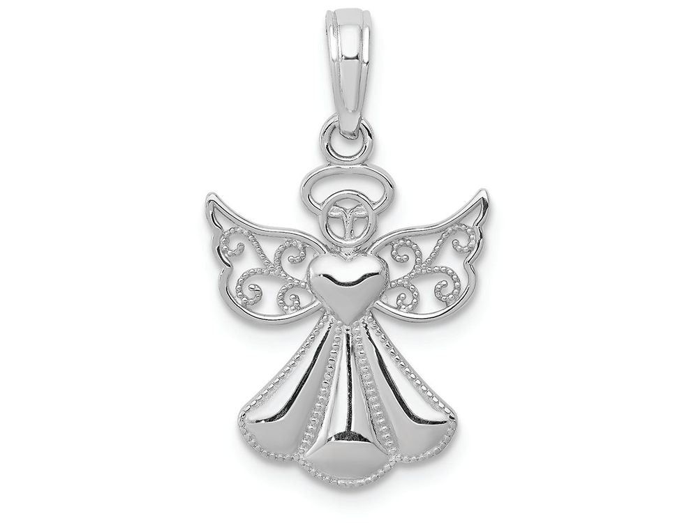 FJC Finejewelers 14k White Gold White Angel with Filigree Wings Holding A Heart Charm