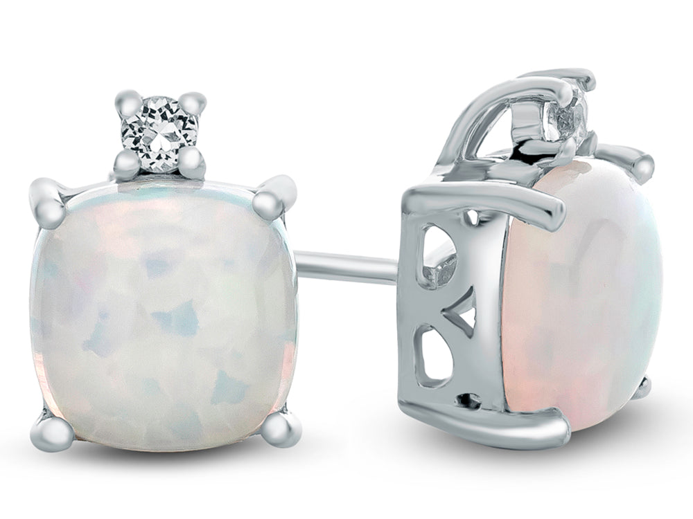 FJC Finejewelers 10k White Gold 7mm Cushion-Cut Created Opal with White Topaz Earrings