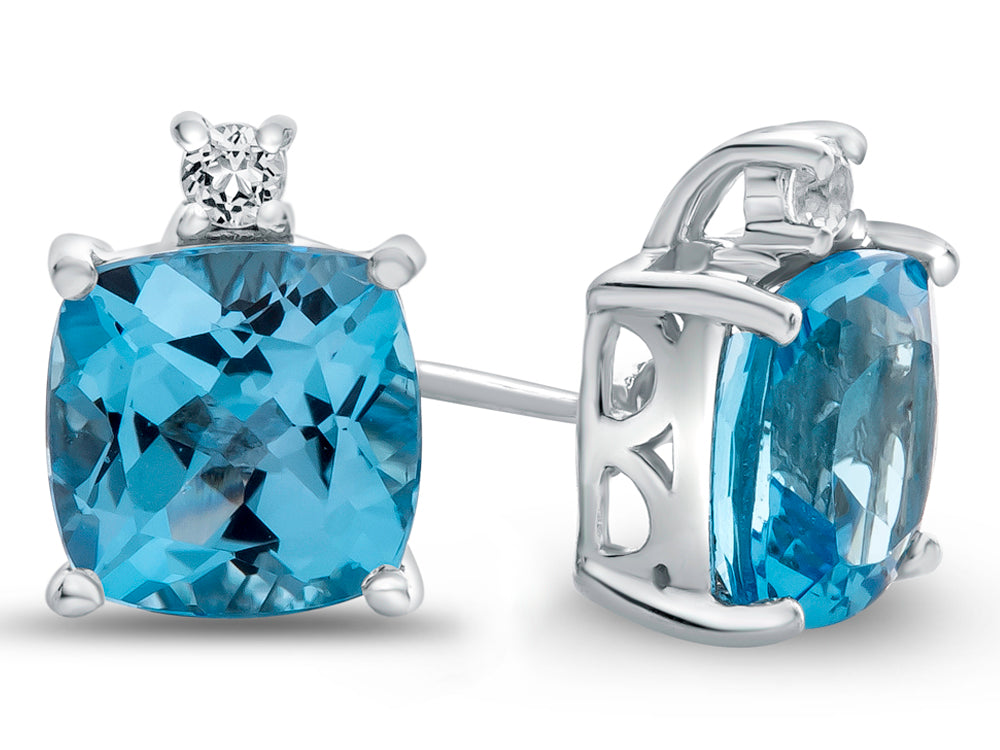 FJC Finejewelers 10k White Gold 7mm Cushion-Cut Swiss Blue Topaz with White Topaz Earrings