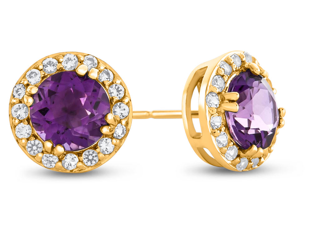 FJC Finejewelers 14k Yellow Gold 6mm Round Amethyst with White Topaz accent stones Halo Earrings