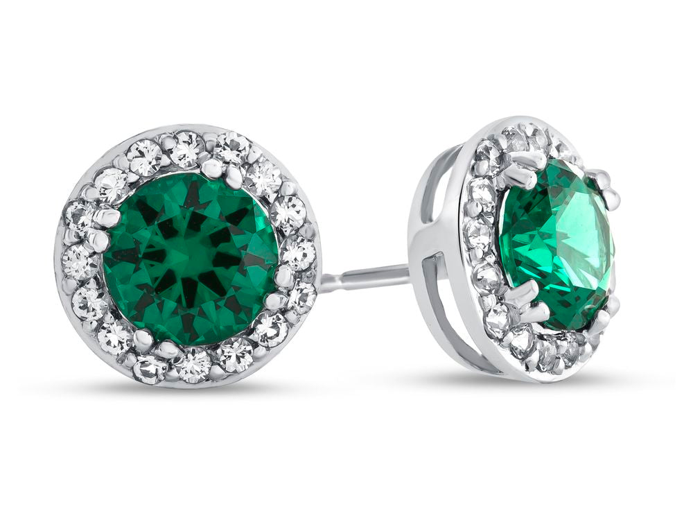 FJC Finejewelers 14k White Gold 6mm Round Simulated Emerald with White Topaz accent stones Halo Earrings