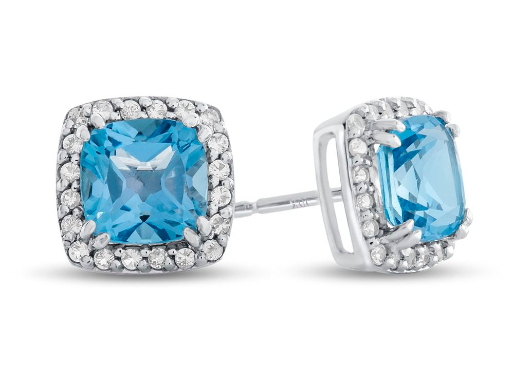 FJC Finejewelers 10k White Gold 6mm Cushion-Cut Swiss Blue Topaz with White Topaz accent stones Halo Earrings