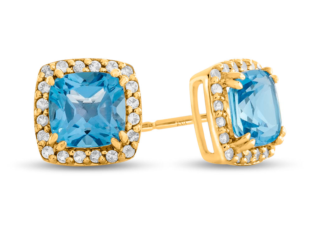 FJC Finejewelers 10k Yellow Gold 6mm Cushion-Cut Swiss Blue Topaz with White Topaz accent stones Halo Earrings