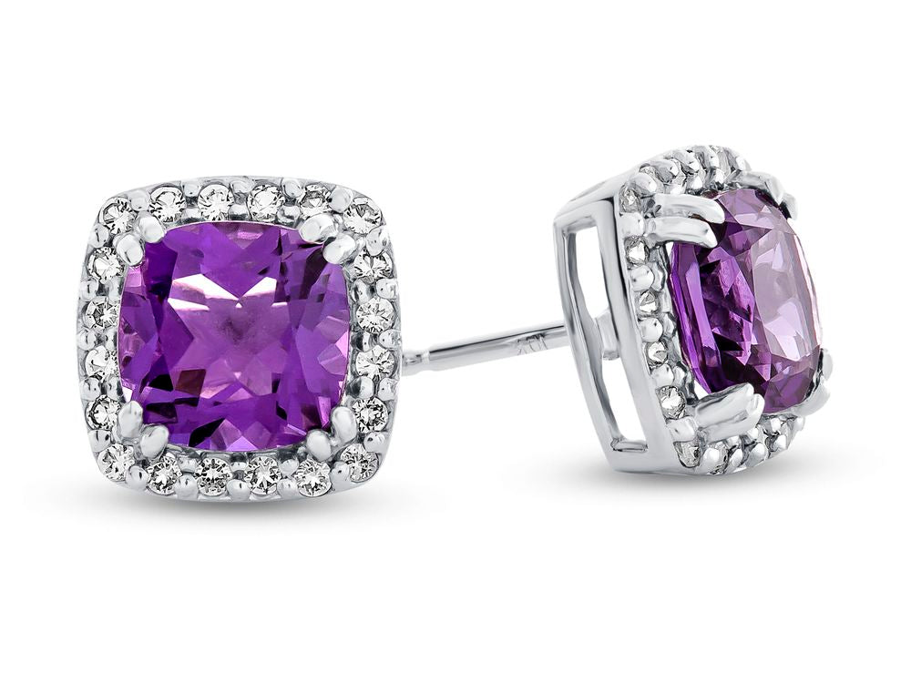 FJC Finejewelers 14k White Gold 6mm Cushion-Cut Amethyst with White Topaz accent stones Halo Earrings