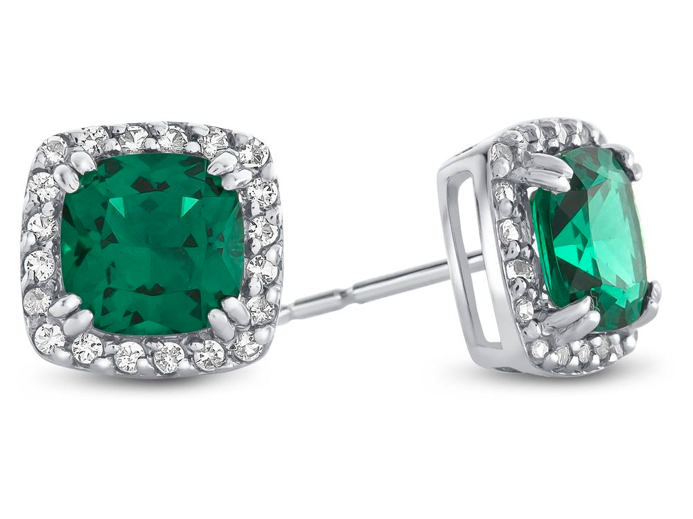 FJC Finejewelers 10k White Gold 6mm Cushion-Cut Simulated Emerald with White Topaz accent stones Halo Earrings