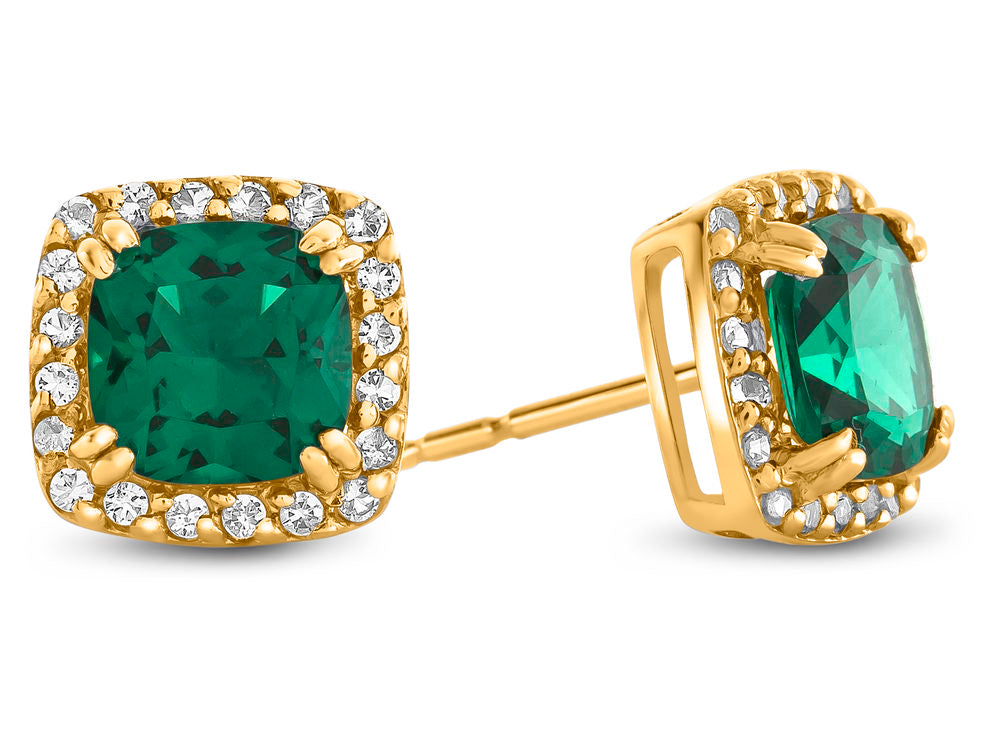 FJC Finejewelers 10k Yellow Gold 6mm Cushion-Cut Created Emerald with White Topaz accent stones Halo Earrings