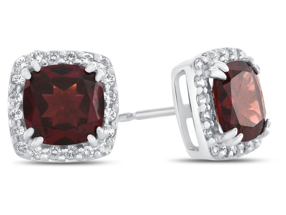 FJC Finejewelers 10k White Gold 6mm Cushion-Cut Garnet with White Topaz accent stones Halo Earrings