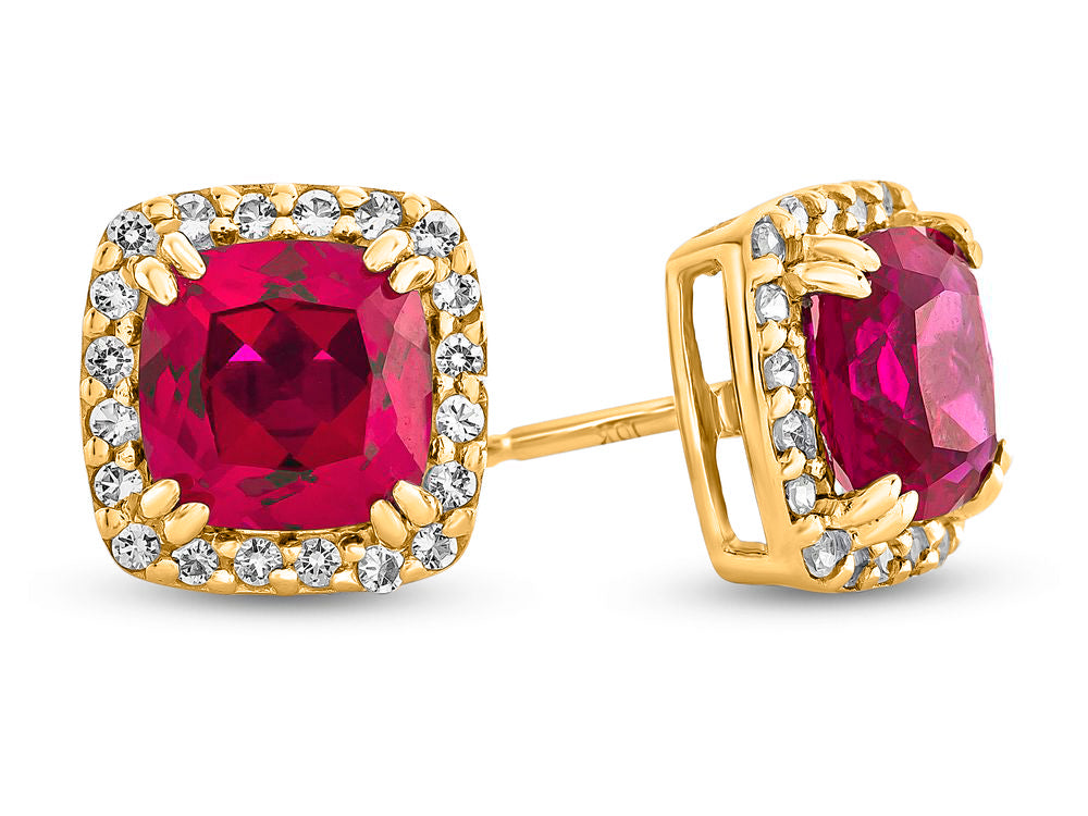 FJC Finejewelers 10k Yellow Gold 6mm Cushion-Cut Created Ruby with White Topaz accent stones Halo Earrings