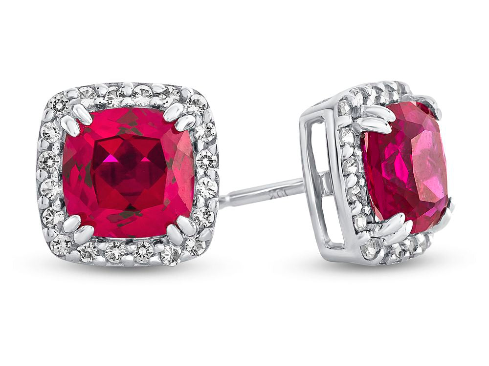 FJC Finejewelers 14k White Gold 6mm Cushion-Cut Created Ruby with White Topaz accent stones Halo Earrings