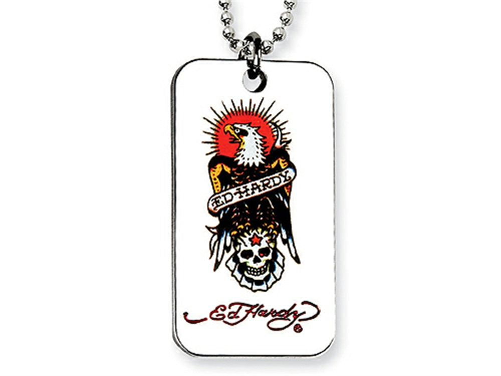 Ed Hardy Eagle and Skull Dog Tag Painted Necklace