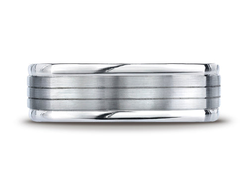 Benchmark 7mm Comfort-fit Satin-finished Parallel Center Cuts Four-sided Carved Design Wedding Band Ring