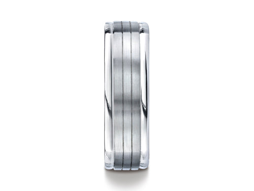 Benchmark 7mm Comfort-fit Satin-finished Parallel Center Cuts Four-sided Carved Design Wedding Band Ring