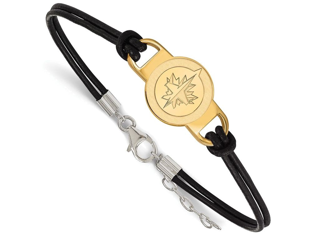 Logoart Sterling Silver Gp Winnipeg Jets Leather Bracelet Small Center
