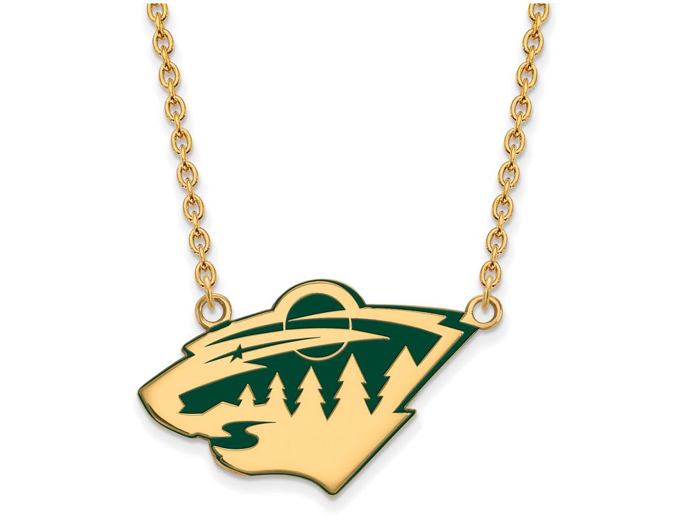Sterling Silver Gp Nhl Logoart Minnesota Wild Large  Enamel Pendant Necklace