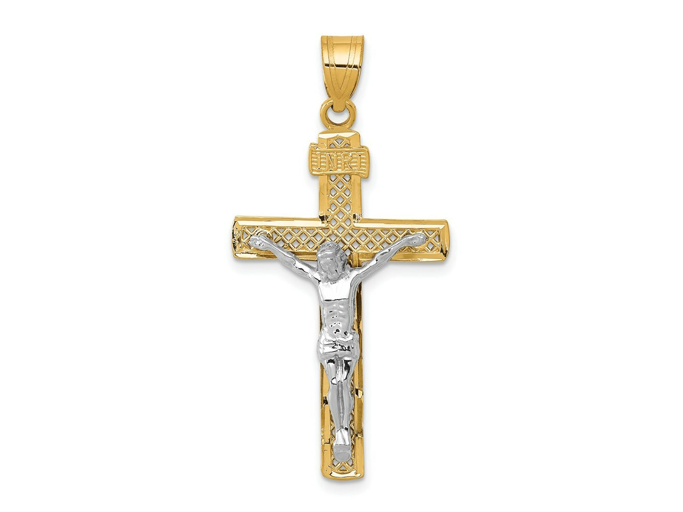 FJC Finejewelers 10 kt Two Tone Gold Two-tone Bright Cut Large Block Lattice Cross with Crucifix Charm 42 x 21 mm