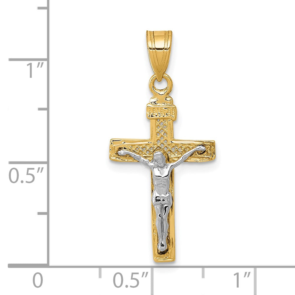 FJC Finejewelers 10 kt Two Tone Gold Two-tone Bright Cut Small Block Lattice Cross with Crucifix Charm 28 x 12 mm