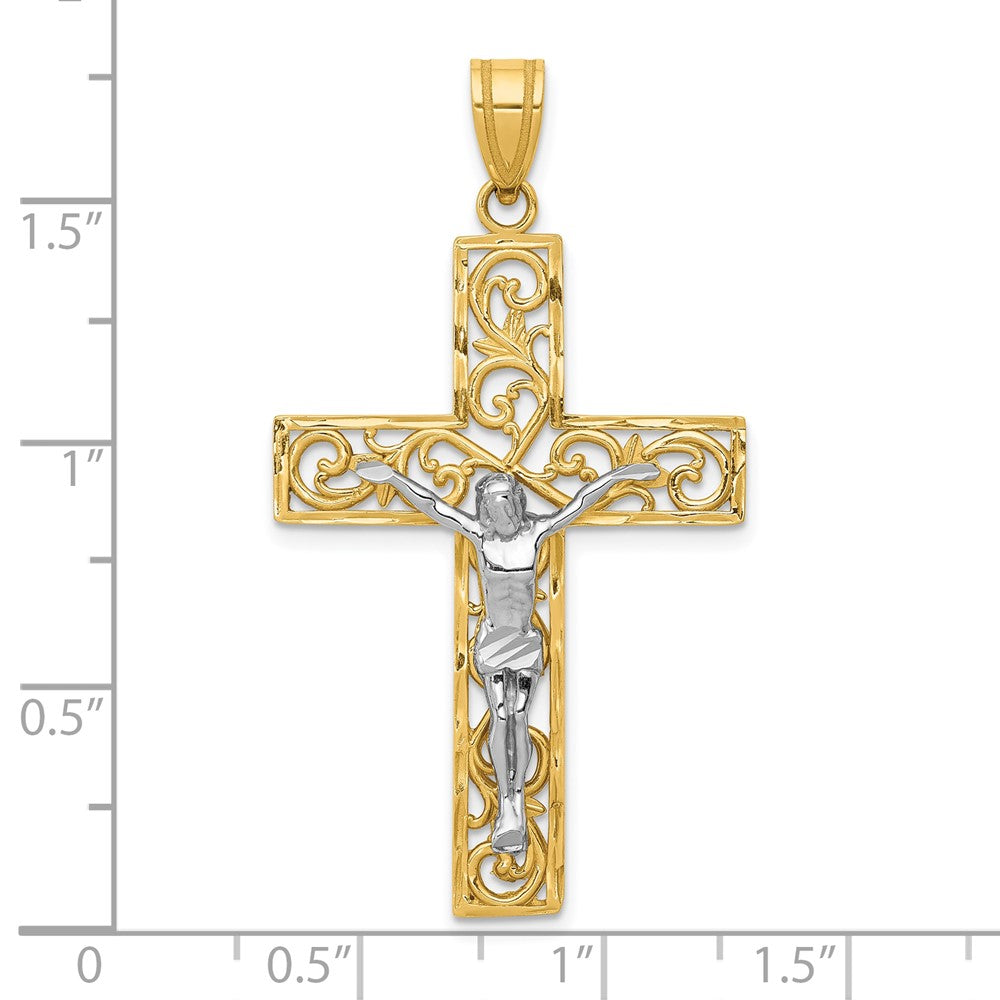 FJC Finejewelers 10 kt Two Tone Gold Two-tone Bright Cut Large Block Filigree Cross with Crucifix Charm 46 x 24 mm