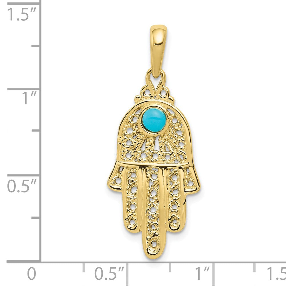 FJC Finejewelers 10 kt Yellow Gold Turquoise Filigree Chamseh Charm 35 x 15 mm