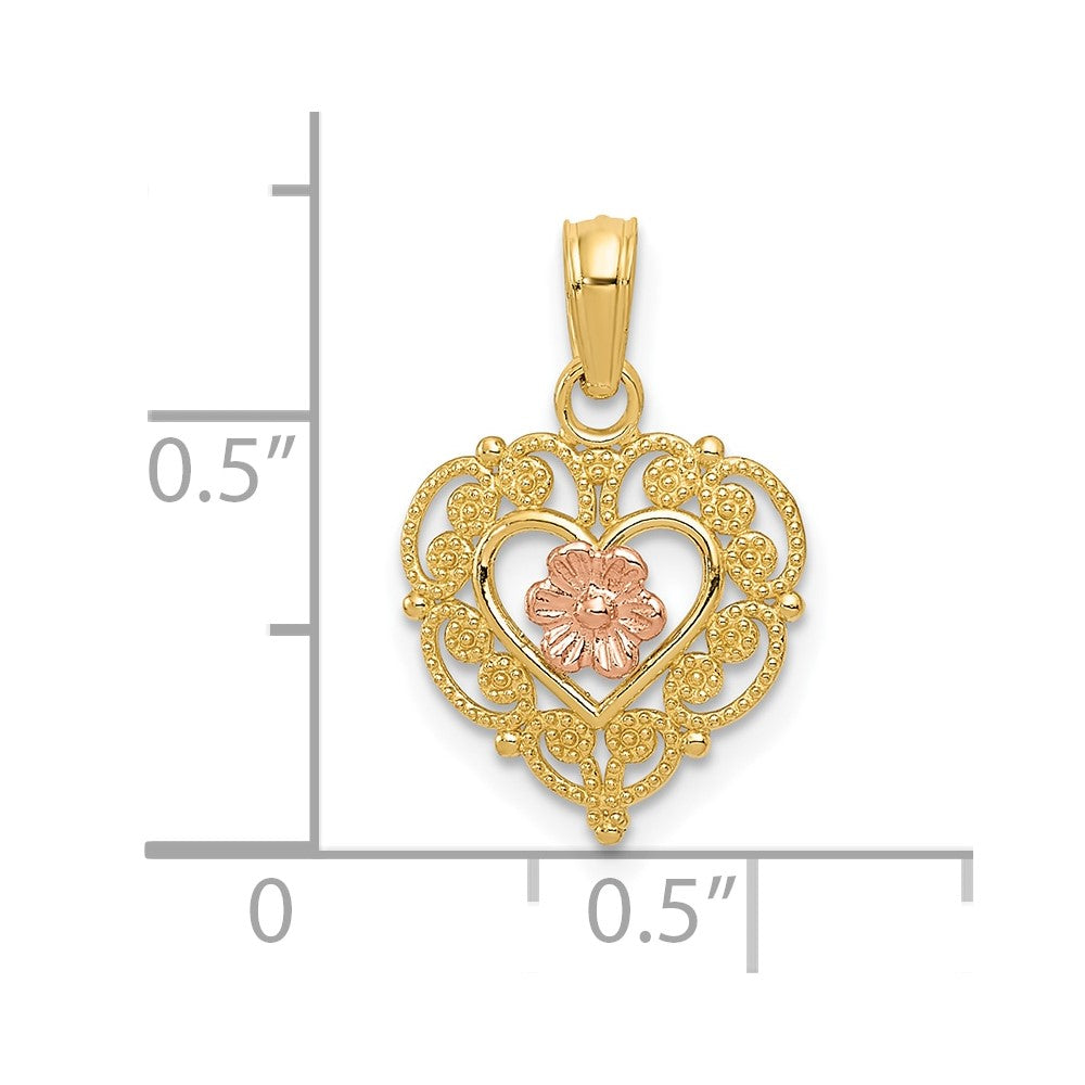 FJC Finejewelers 10 kt Two Tone Gold Two-tone Polished Flower in Fancy Border Heart Charm 19 x 12 mm