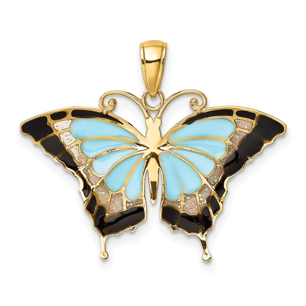 FJC Finejewelers 10 kt Yellow Gold Aqua Enameled Butterfly Charm 24 x 31 mm