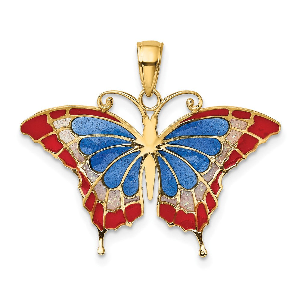 FJC Finejewelers 10 kt Yellow Gold Blue and Red Enameled Butterfly Charm 24 x 31 mm