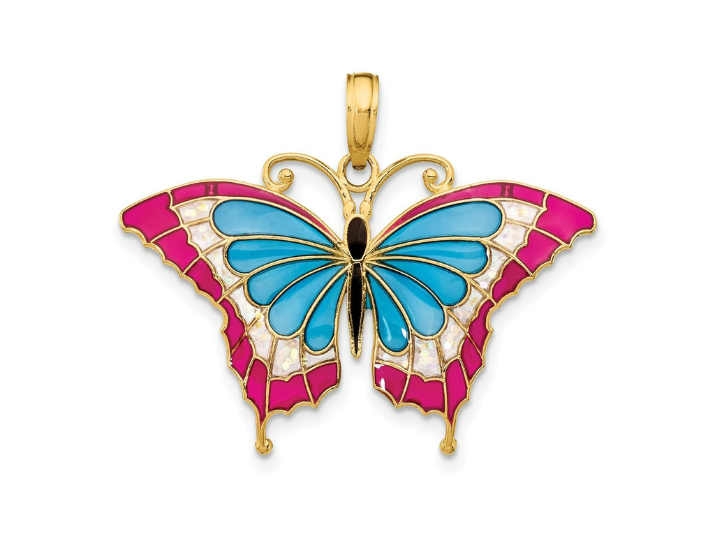 FJC Finejewelers 10 kt Yellow Gold Blue and Red Enameled Butterfly Charm 24 x 31 mm