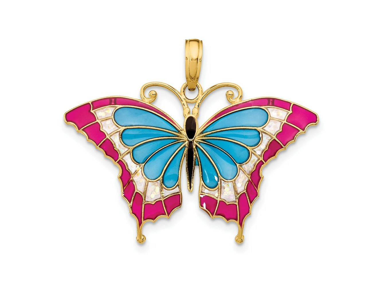 FJC Finejewelers 10 kt Yellow Gold Blue and Red Enameled Butterfly Charm 24 x 31 mm