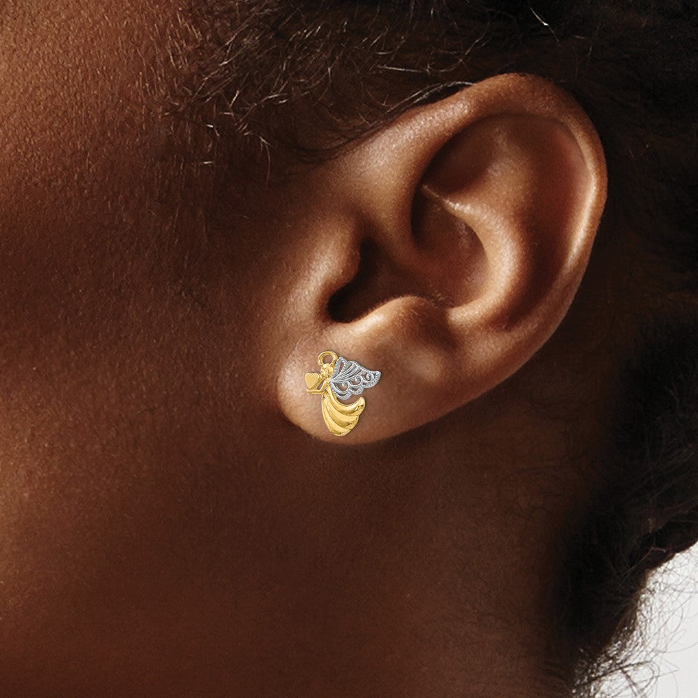 FJC jewelers 10 kt Yellow Gold Button and Rhodium Angel with Heart Post Earrings 11 mm x 12 mm