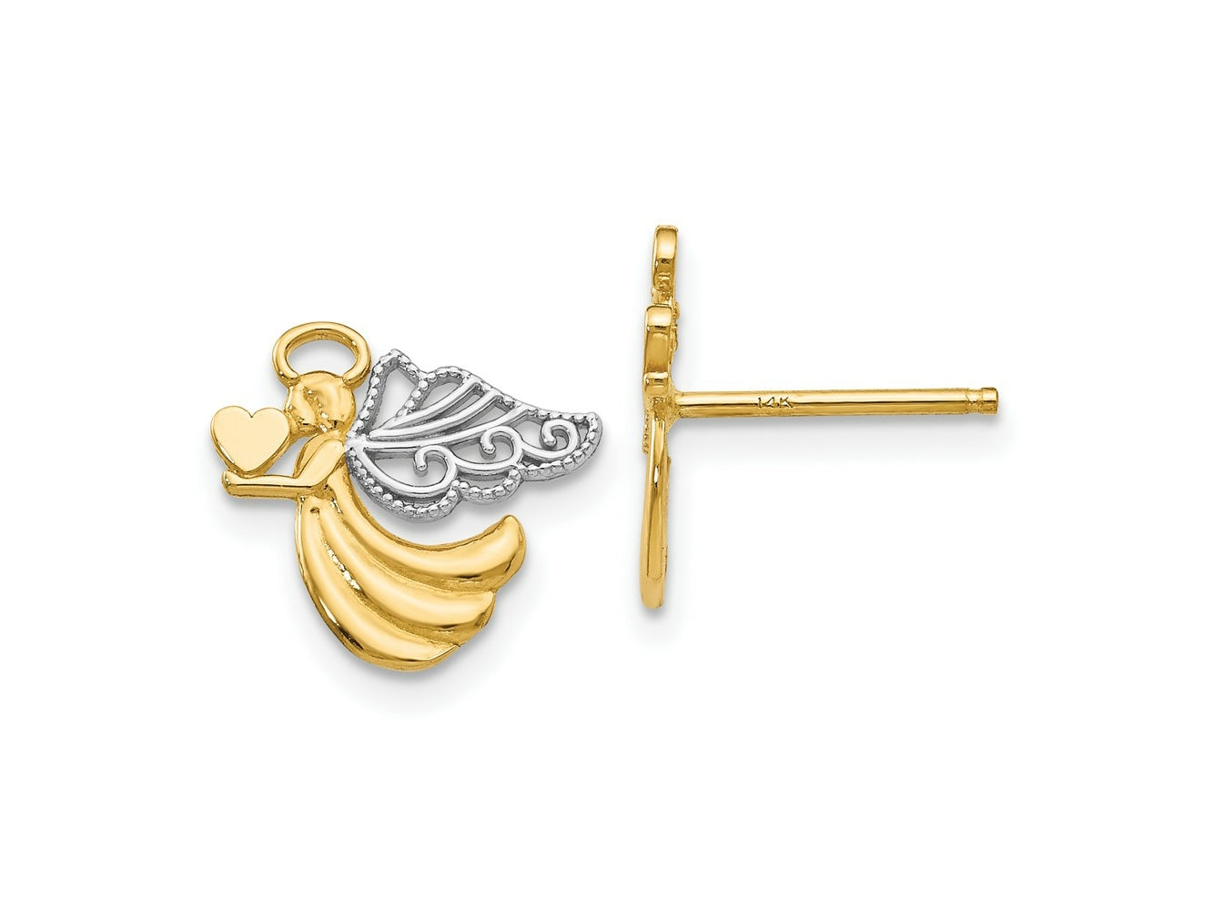 FJC jewelers 10 kt Yellow Gold Button and Rhodium Angel with Heart Post Earrings 11 mm x 12 mm