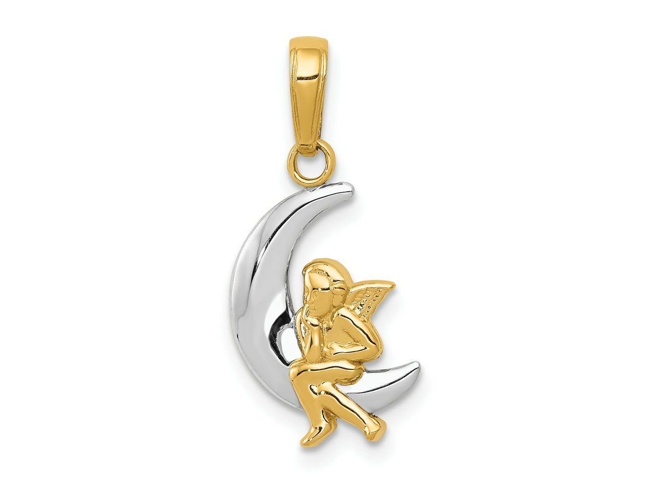 FJC Finejewelers 10 kt Yellow Gold and Rhodium Polished Moon with Angel Charm 17 x 11 mm