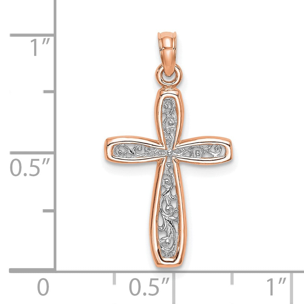 FJC Finejewelers 10 kt Rose Gold Rose with White Rhodium Filigree Center Border Cross 20 x 13 mm